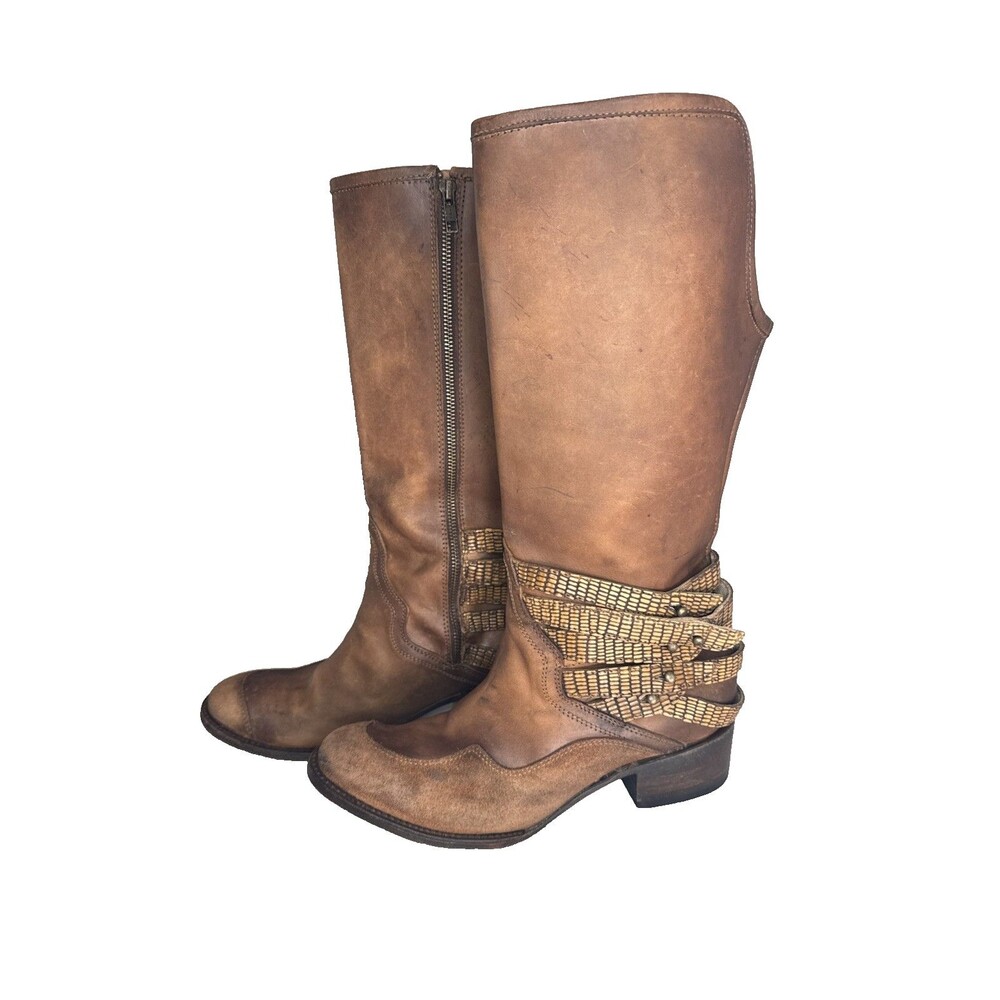 Free Bird By Steven Draft Mid-Calf Women's Leather Boots Western Moto Distressed